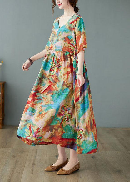 Handmade Print V Neck Patchwork Pockets Summer Long Dresses Half Sleeve