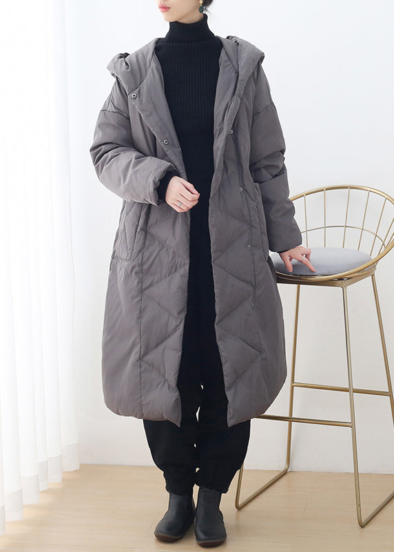 Grey Button Pockets Hooded Down Coat Long Sleeve