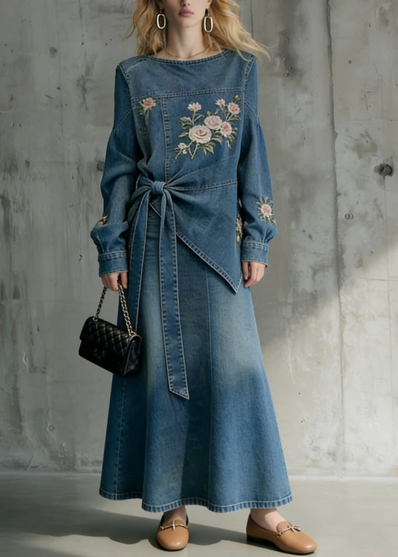 Style Blue Embroidered Top and Skirts Denim Two Pieces Set Spring