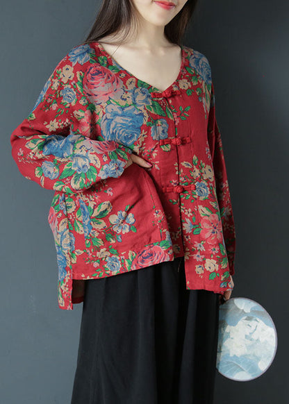 Red Asymmetrical Print Cotton Coats Spring