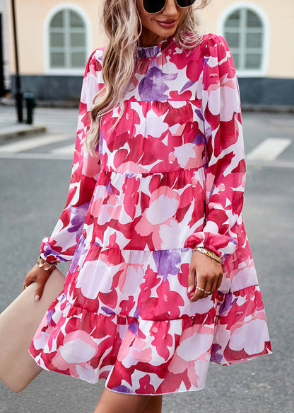 Rose Ruffled Print Cotton Mid Dress Fall