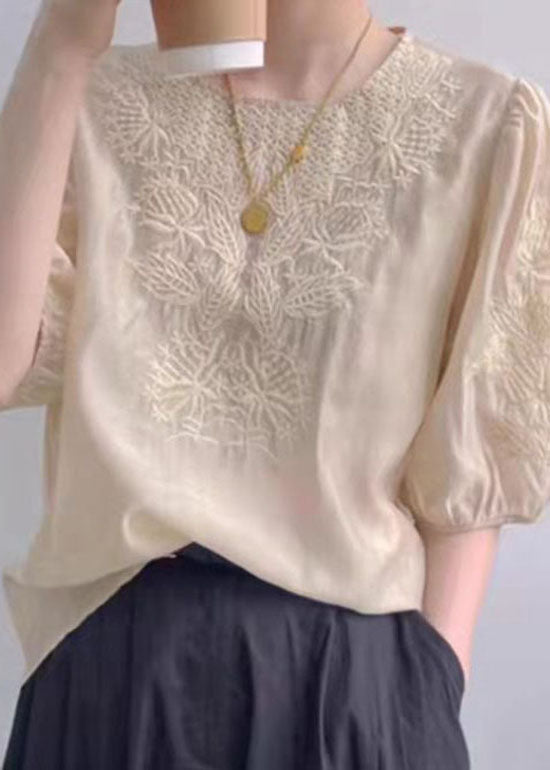 Apricot O-neck Embroideried Silk Top Puff Sleeve