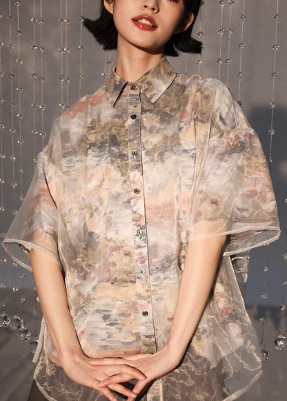 Boutique Peter Pan Collar Lace Up Patchwork Organza Shirt Summer