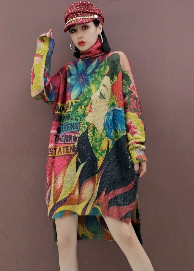 Classy Low High Design Turtle Neck Beauty Print Knit Dress Spring