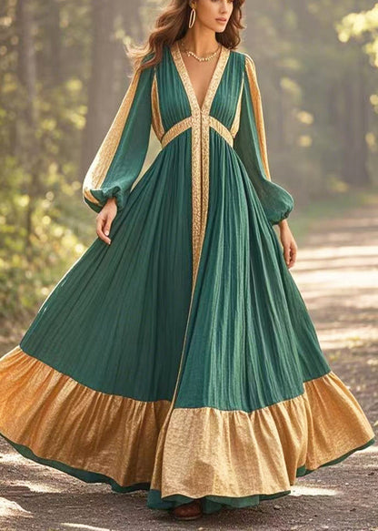 Blackish Green V Neck Patchwork Exra Large Hem Cotton Vestidos Dress Spring