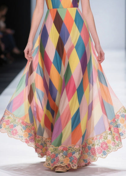 Multicolour Plaid Patchwork Lace Chiffon Beach Strapless Dress Summer