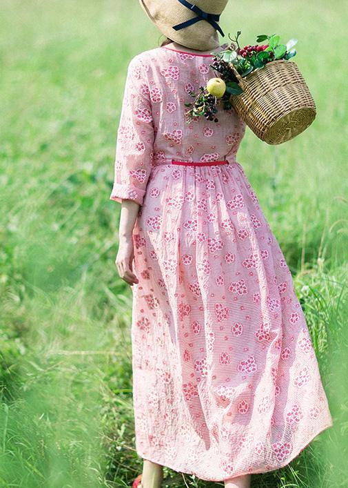 Loose O Neck Drawstring Summer Tunic Work Pink Print Art Dresses