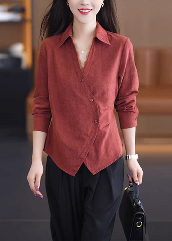 Handmade Red Lace Patchwork Button Shirt Spring