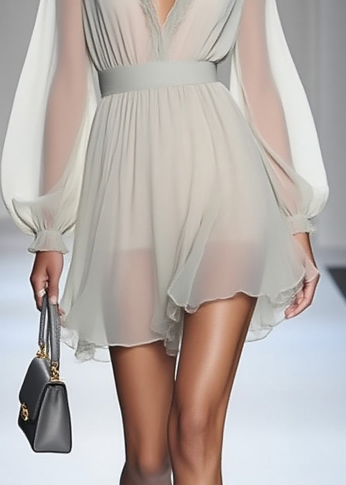 Modern Ruffled Patchwork Chiffon Mid Dress Lantern Sleeve