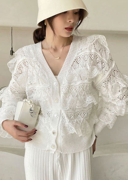 White V Neck Hollow Out Ruffled Blouses Spring