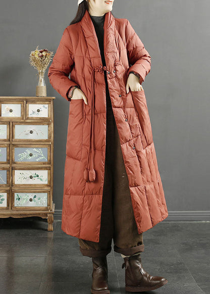 Purple Stand Collarembroideried Tassel Pockets Duck Down Down Coat Long Sleeve