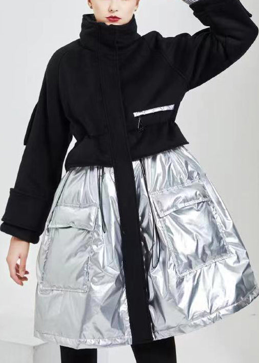 French Black Drawstring Woolen Patchwork Cotton Blend Coat Long Sleeve