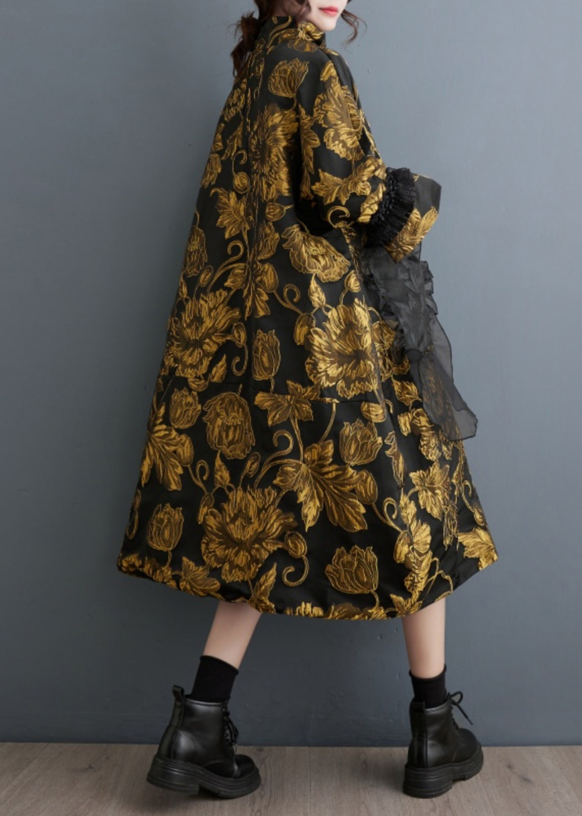 Black High Neck Jacquard Silk Holiday Dresses Spring