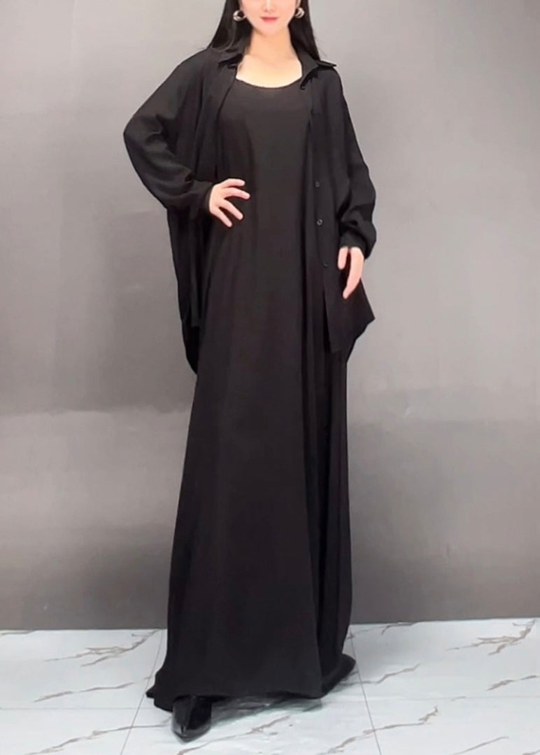 Black Peter Pan Collar Shirts and Maxi Skirts Two Piece Set Spring