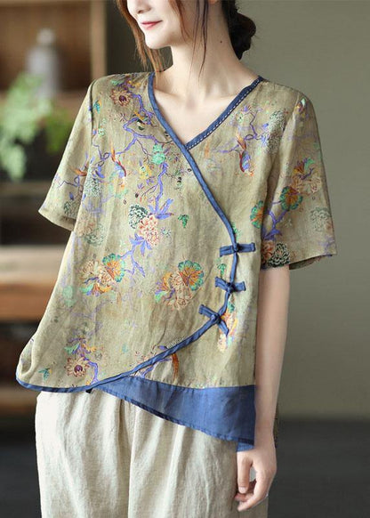 Simple Dark Blue Print Ramie Oriental Summer Tops