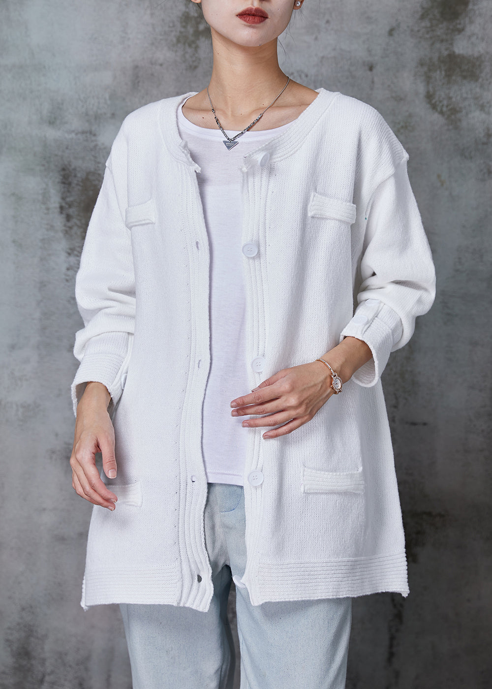 Organic White O-neck Button Down Knit Cardigan Spring