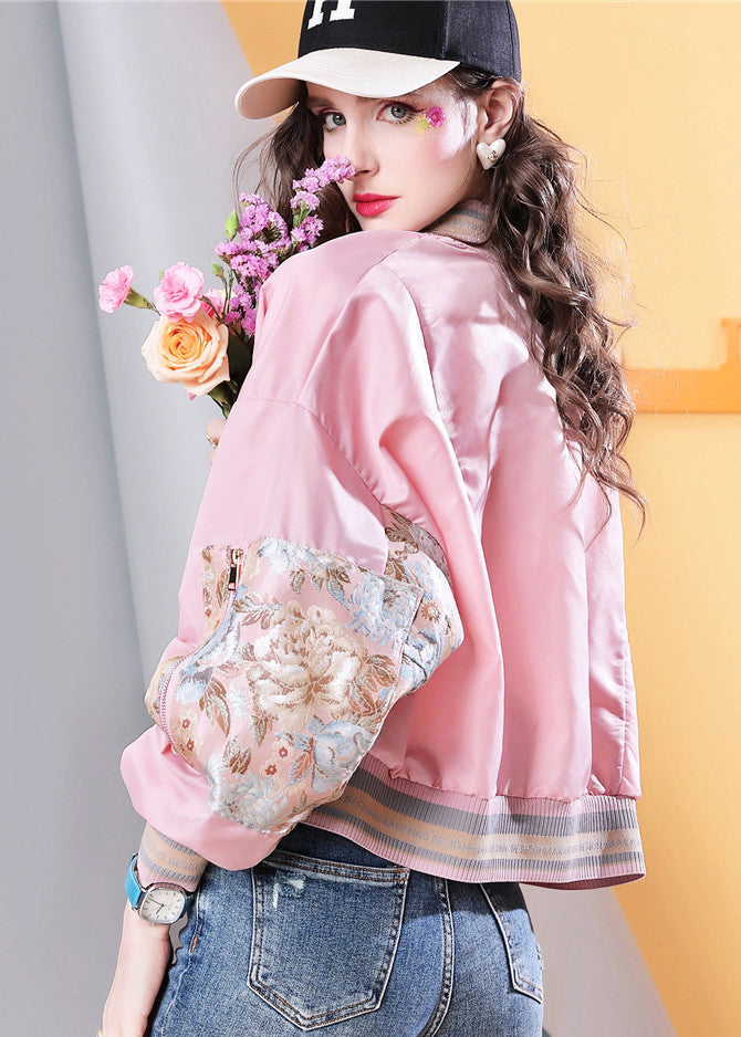 Stylish Pink Pockets Print Patchwork Jackets Fall