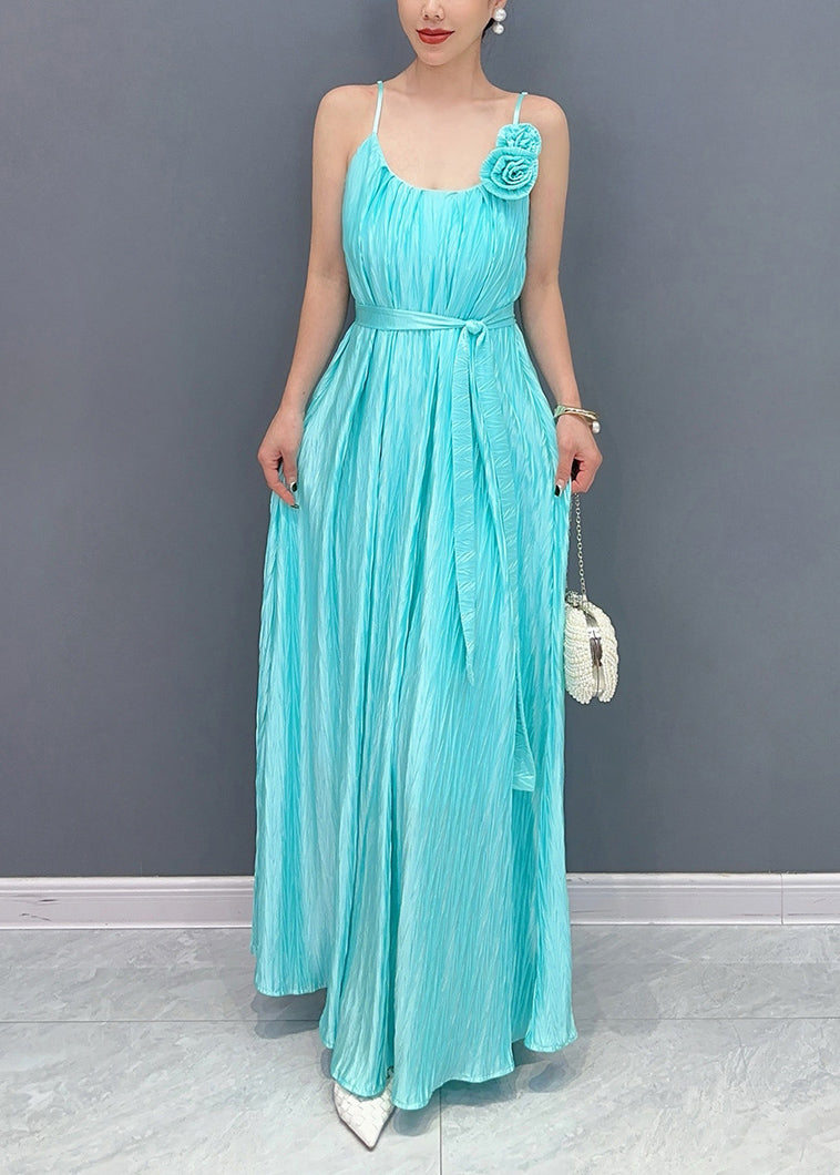 Fine Blue Cold Shoulder Silk Spaghetti Strap Dress Summer