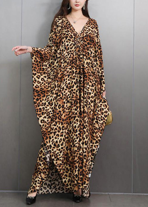 Italian Leopard V Neck Side Open Maxi Dress Batwing Sleeve Fall