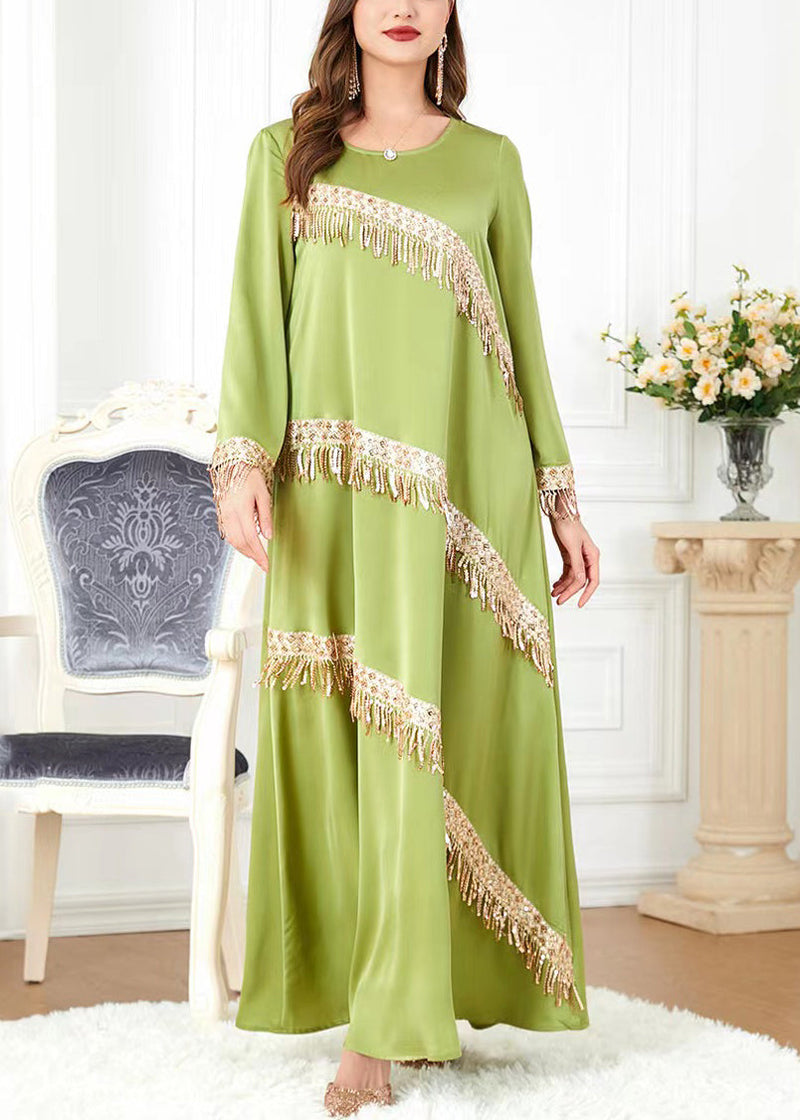 New Green O-neck Tasseled Cotton Long Dress Spring