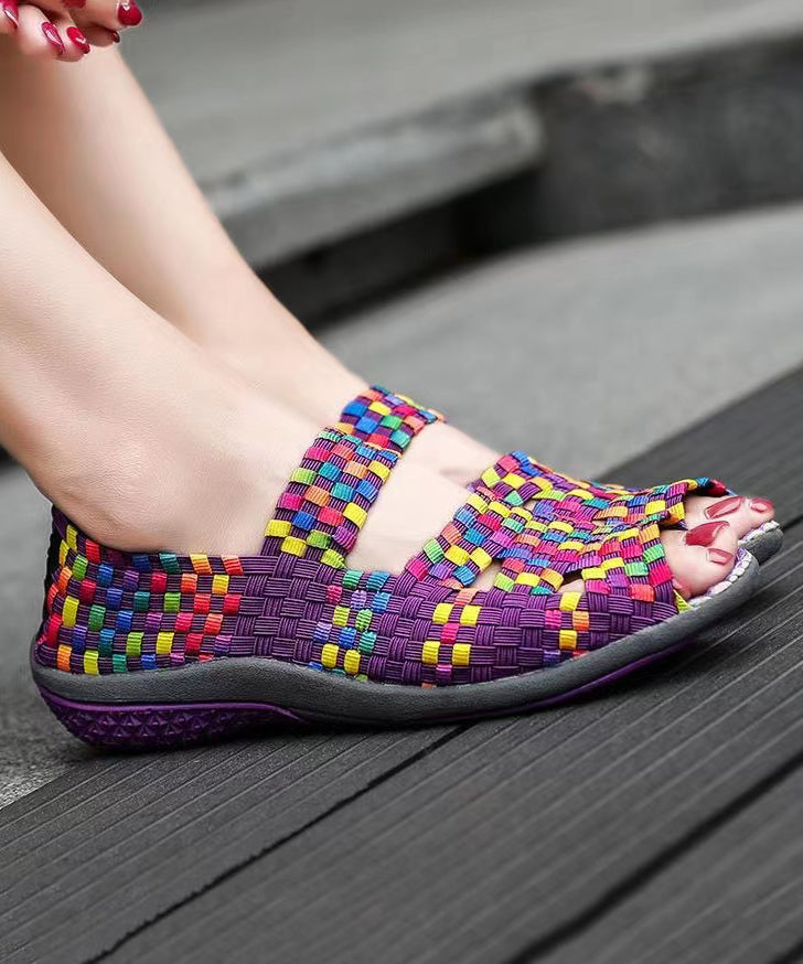 Knit Fabric Flat Shoes for Purple Splicing Peep Toe Soofairy Shoes-20251