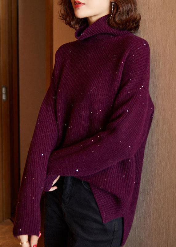 Blue Turtleneck Side Open Cotton Knit Sweaters Long Sleeve Spring