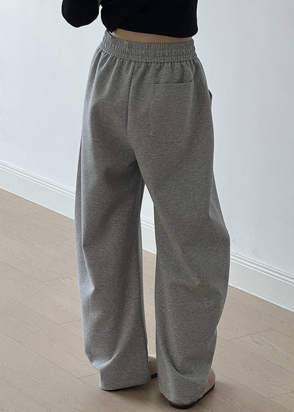 Grey Pockets Drawstring Elastic Waist Cotton Pants Spring