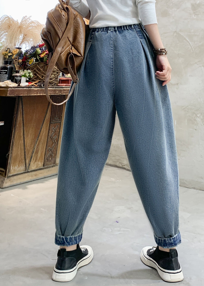 Denim Blue Embroideried Elastic Waist Pockets Cotton Harem Pants Summer