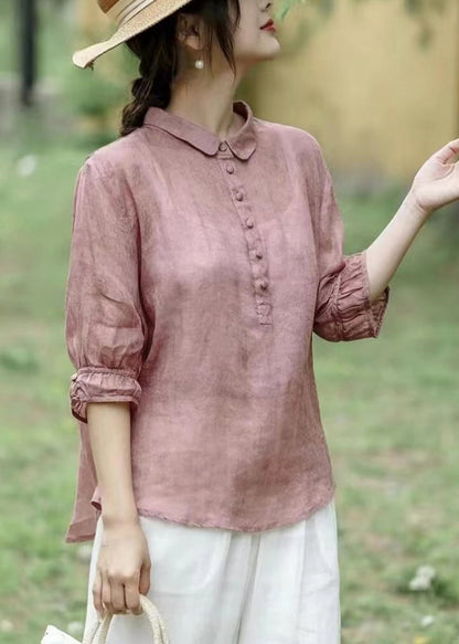 Red Peter Pan Collar Patchwork Button Linen Tops Long Sleeve
