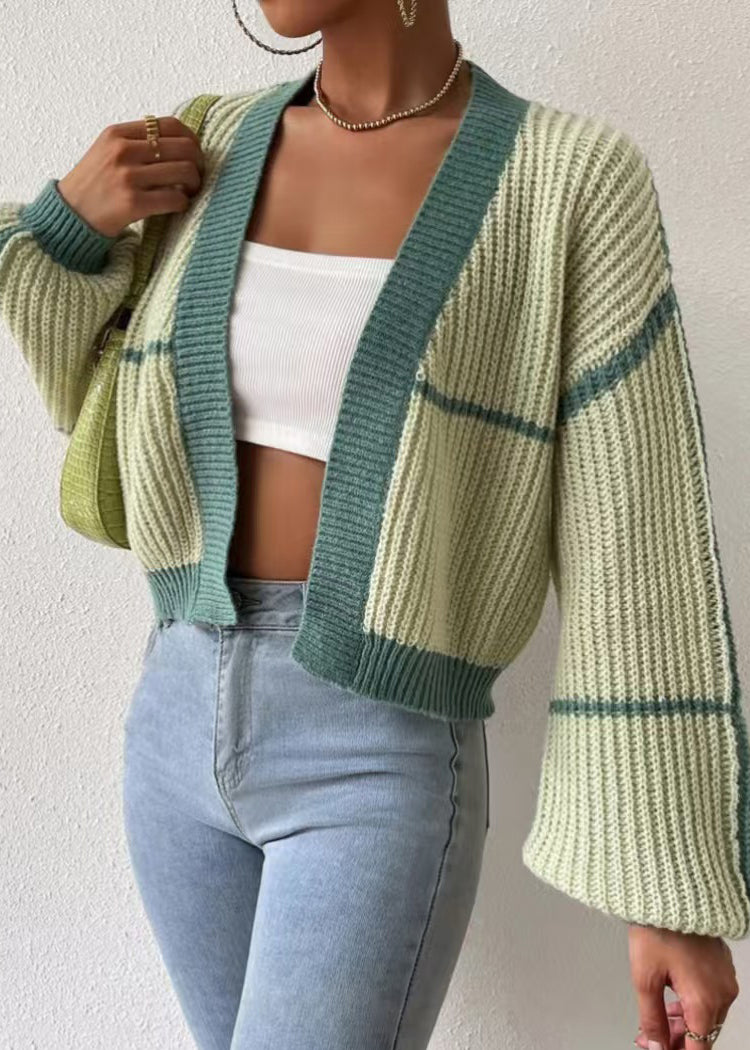 Green Striped Knit Short Cardigan Fall
