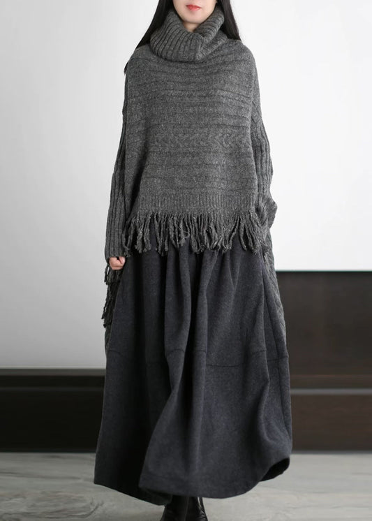 French Grey Turtle Neck Low High Design Knitted Tops Winter