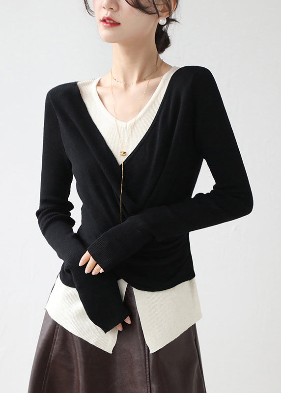 Khaki Cross Patchwork False Two Pieces Knit Top Winter