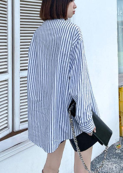 Boutique Blue Peter Pan Collar Button Pockets Fall Striped Shirt Top Long Sleeve