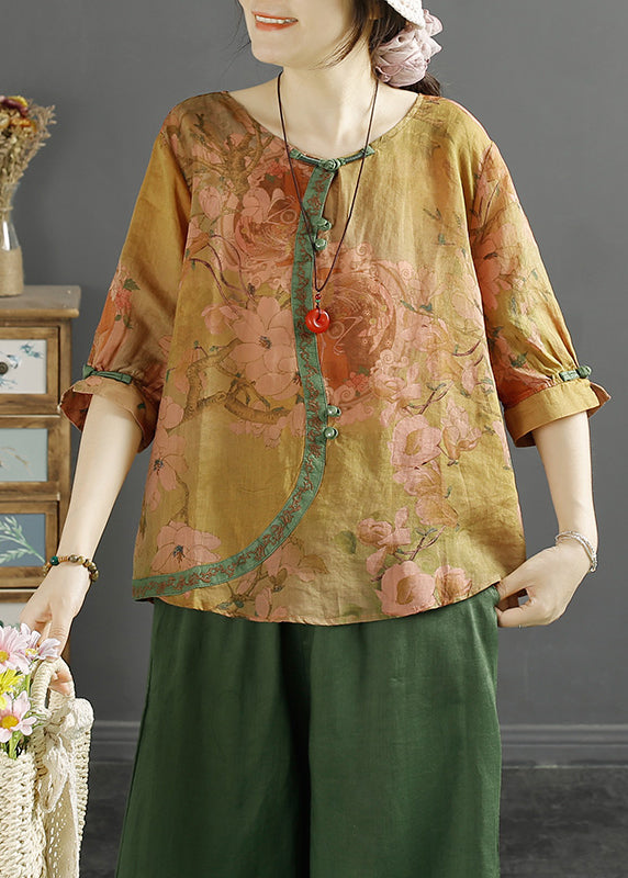 Purple O Neck Print Chinese Button Linen Blouse Tops Half Sleeve