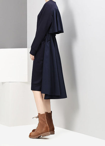 Italian Dark Blue O-neck Low High Design Cinched Vacation Dresses Spring