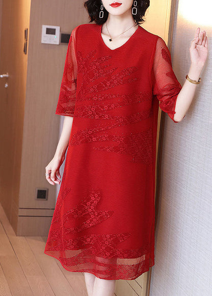 Pink O-neck Embroideried Tulle Maxi Dresses Fall