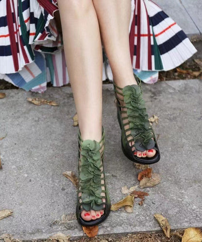 Green Sandals Boots Hollow Out Splicing Chunky Peep Toe