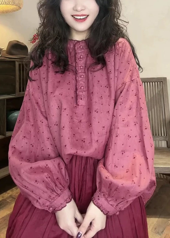 Pink Button Print Cotton Blouse Top Spring