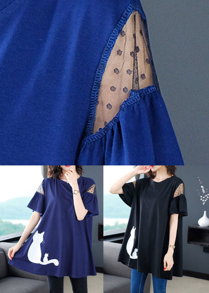 Italian Blue O-neck Print T Shirt Summer