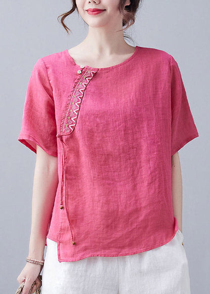 French Rose O-neck Embroideried Linen T Shirt Short Sleeve