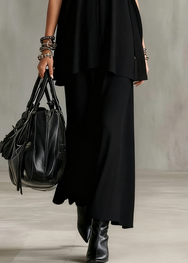 Slim Fit Black V Neck Tops and Skirts Cotton Two Pieces Set Sleeveless
