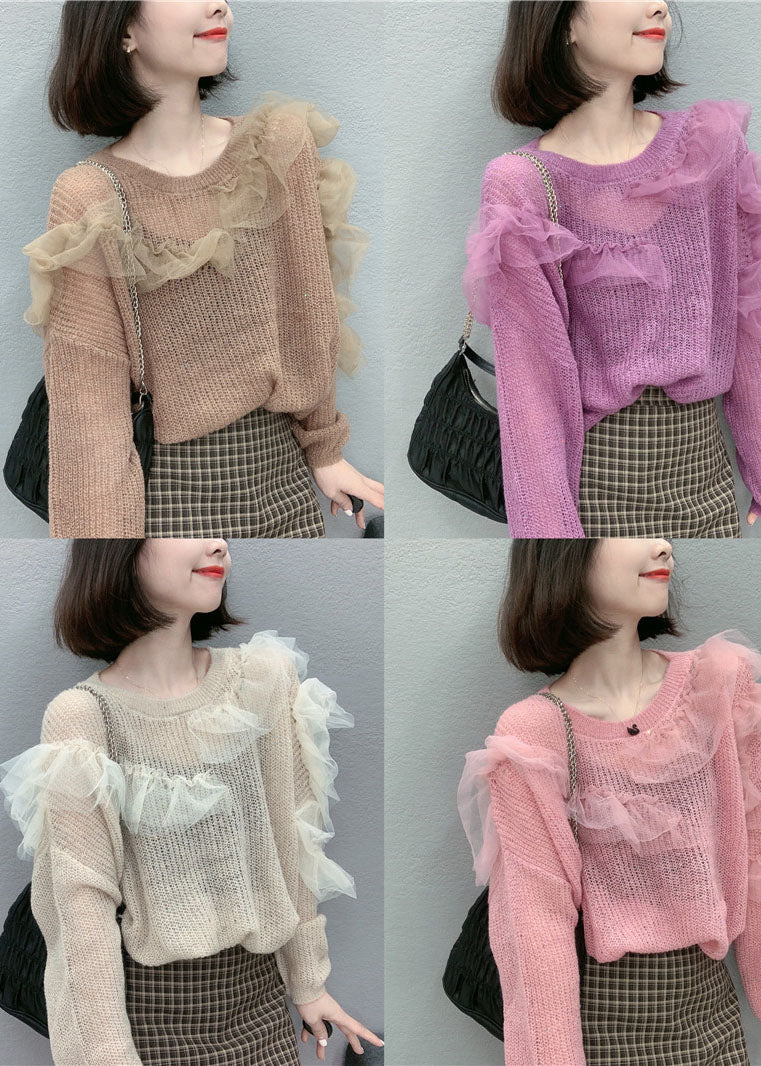 Boutique Purple Tulle Ruffled Loose Fall Knit Sweaters