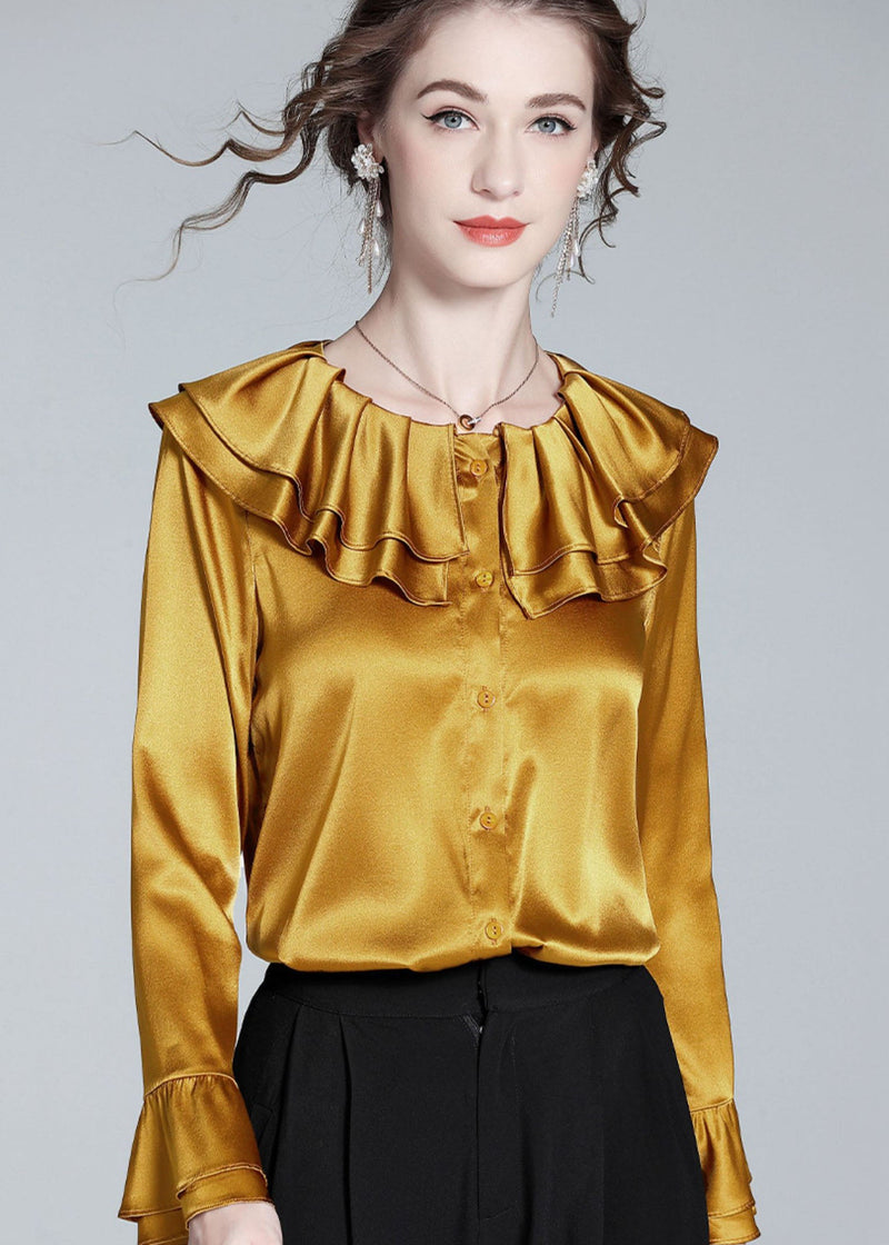 Style Gold Ruffled Patchwork Button Silk Shirt Flare Sleeve Spring