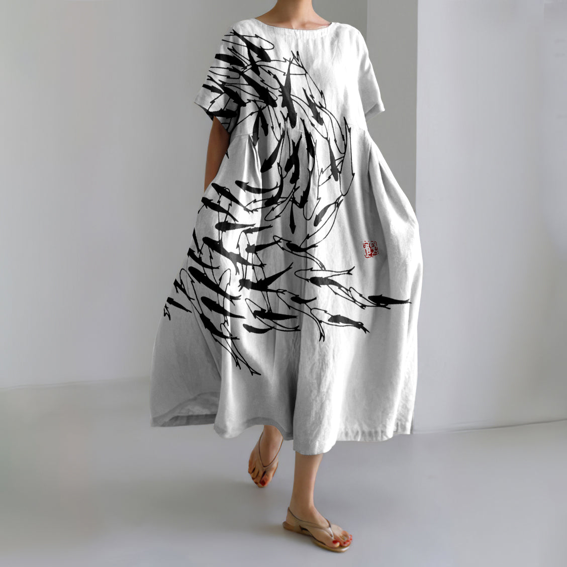 Comstylish Japanese Art Vintage Sea World Flock Of Fish Print Casual Art Linen Blend Maxi Dress