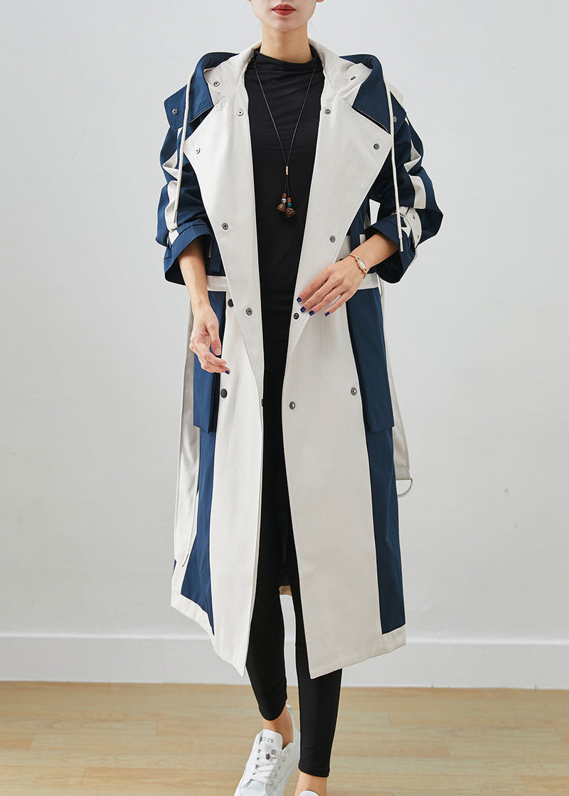 Navy Oversized Patchwork Original Design Cotton Trench Coats Fall
