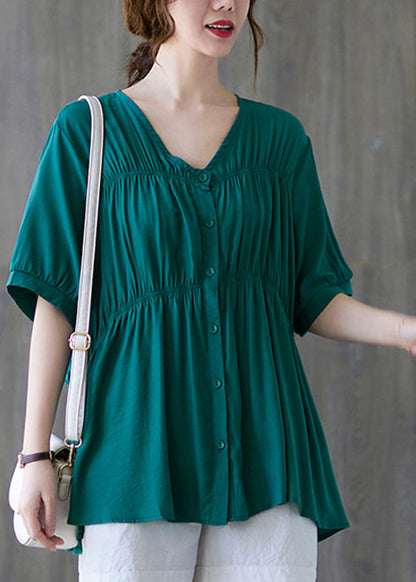Green V Neck Buttton Wrinkled Cotton Shirt Tops Short Sleeve