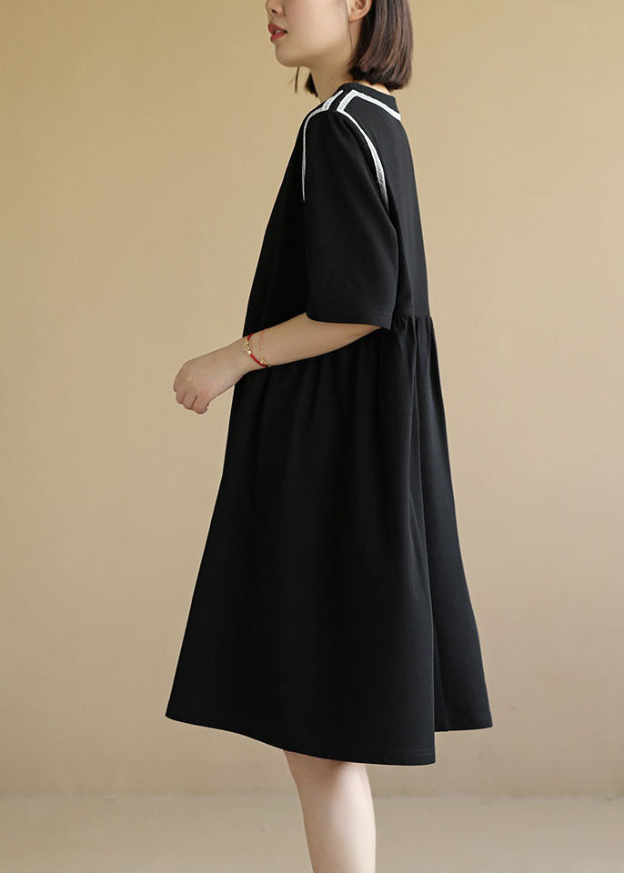 Italian Black O-neck Patchwork Knit Cinch Mid Dress Short Sleeve
