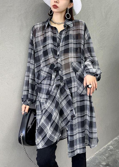 Black Plaid Summer Asymmetrical Long Sleeve Chiffon Shirt
