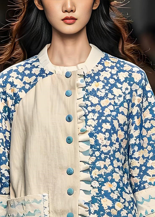 Ruffled Print Pockets Patchwork Cotton Coats Spring