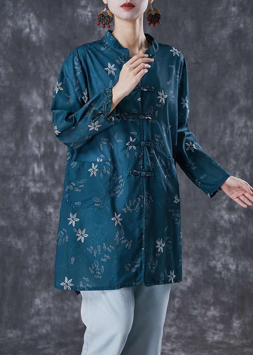 Blackish Green Print Chinese Button Cotton Shirt Fall